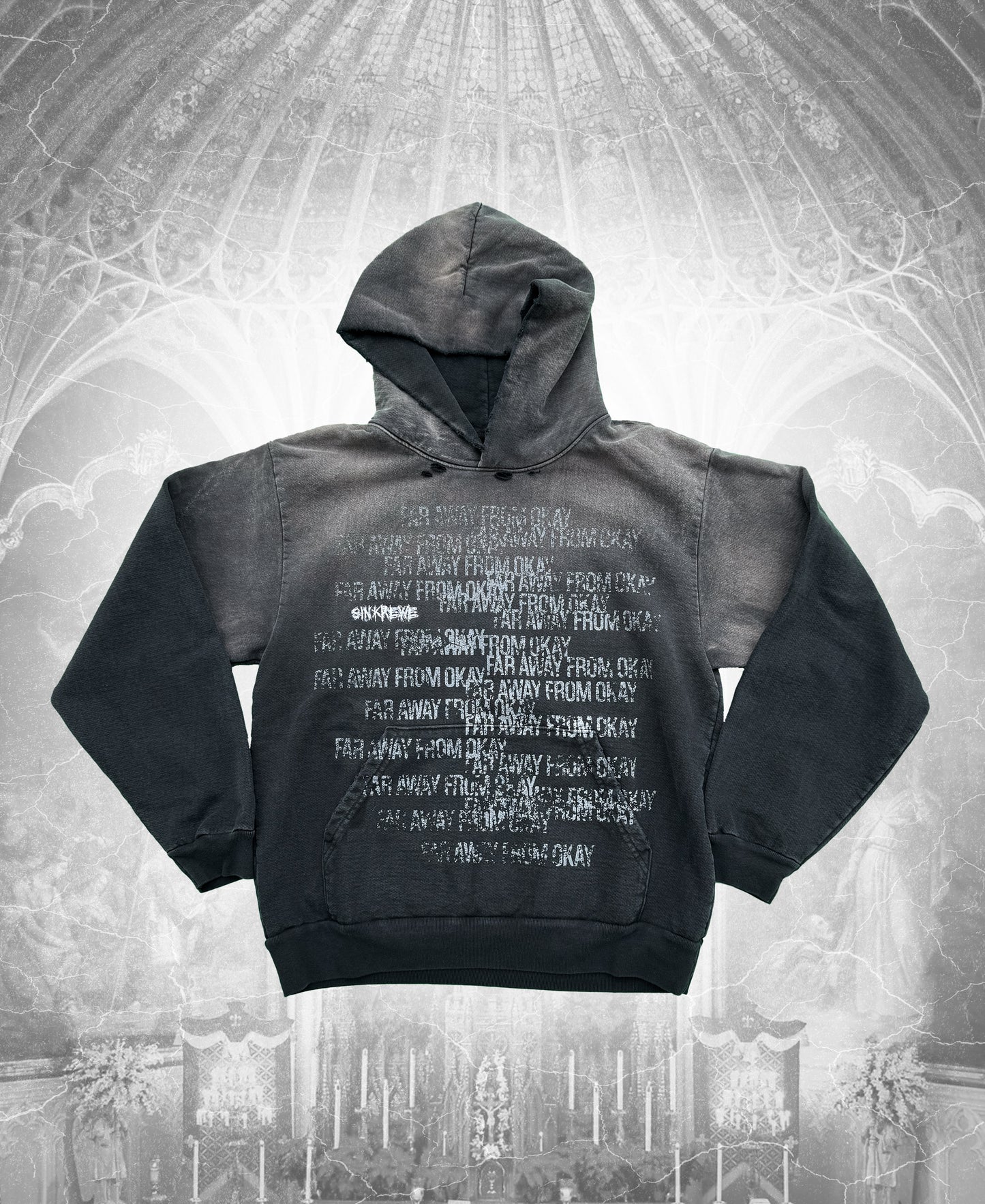 'FAR AWAY FROM OKAY' HOODIE (DISTRESSED BLACK)