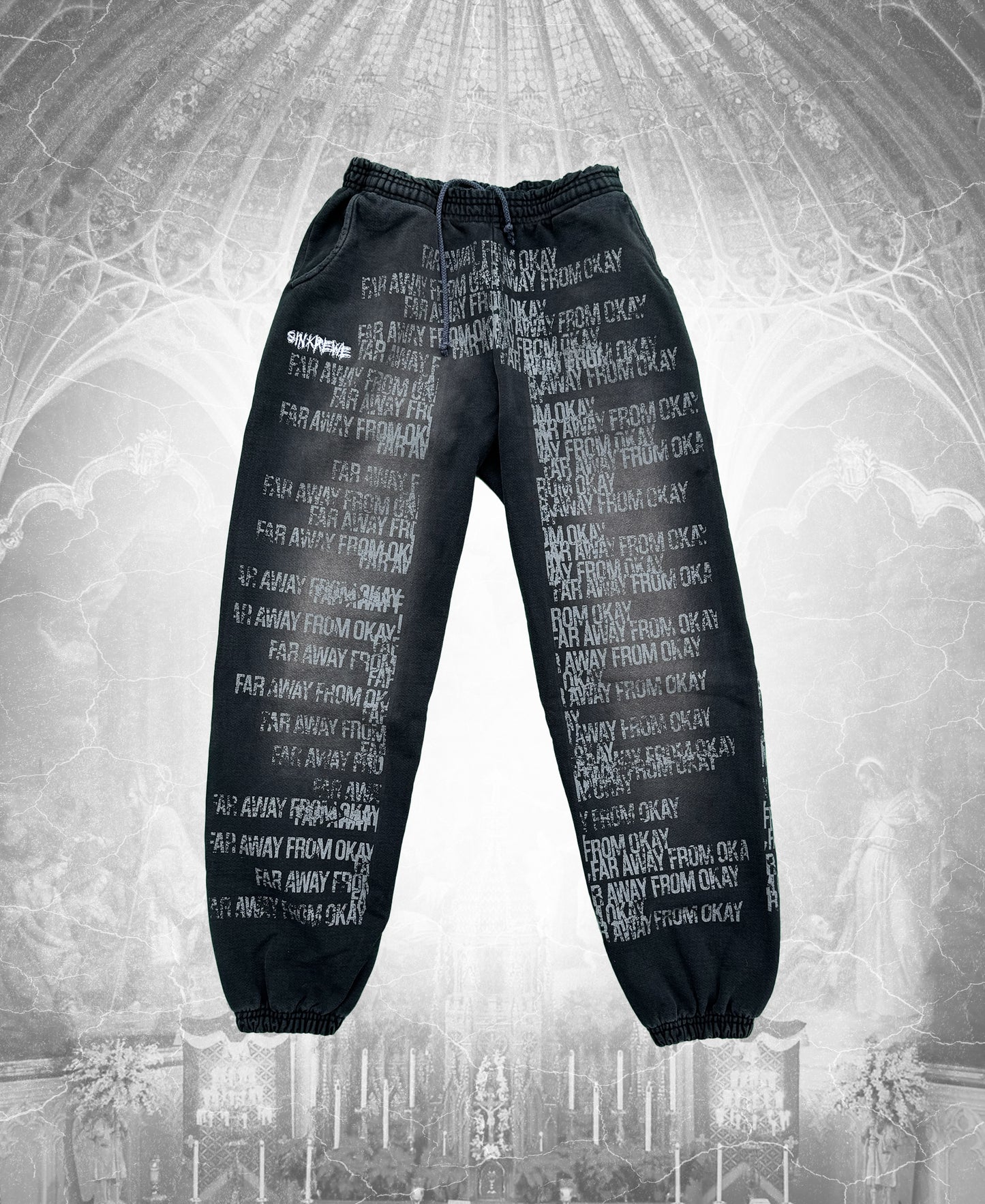 'FAR AWAY FROM OKAY' SWEATPANTS (DISTRESSED BLACK)
